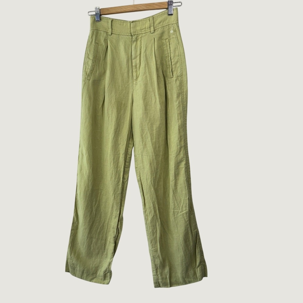 Everlane Linen Pleated Pants Womens 00 Green High Waisted Minimalist Trousers